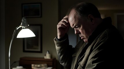 Obraz premium Man contemplates his thinning hair in a softly lit room, a moment of reflection on aging and self-awareness.