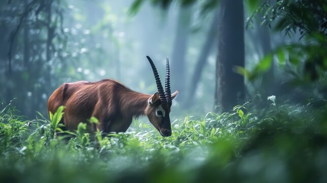 A rare saola grazing in a misty rainforest, its slender body partially hidden by thick vegetation. The elegant curve of its horns and the soft reflection in the dew-covered grass create a scene of unt