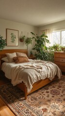 Fototapeta premium Cozy bedroom with plants and natural light in a serene setting