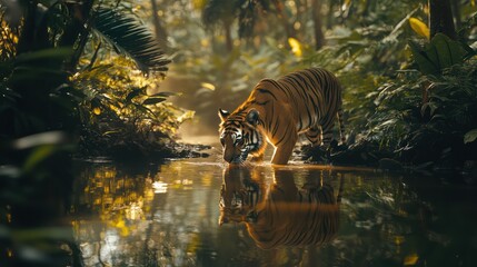 A Sunda tiger drinking from a rainforest stream, its reflection shimmering in the crystal-clear water. The surrounding dense foliage and soft golden light frame the tigerâ€™s majestic form, showcasing
