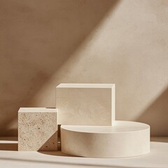 Minimalist beige stone podiums on neutral background.