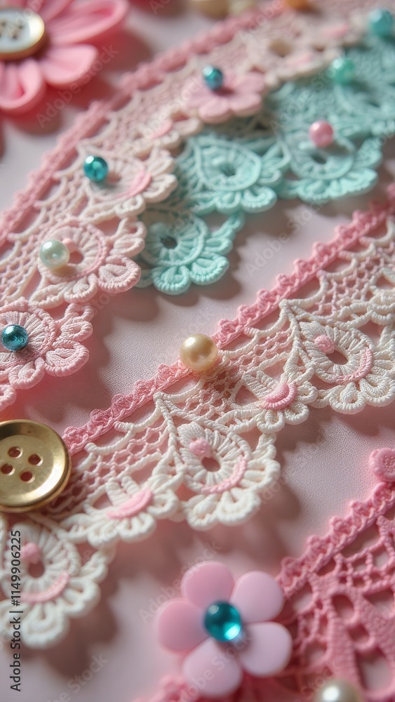 Poster A close up of buttons and lace with a pink background
