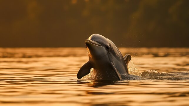 An Irrawaddy dolphin breaking the surface of a calm river at sunset, creating ripples that shimmer in golden light. The dolphin's rounded head and gentle expression reflect its serene connection with 