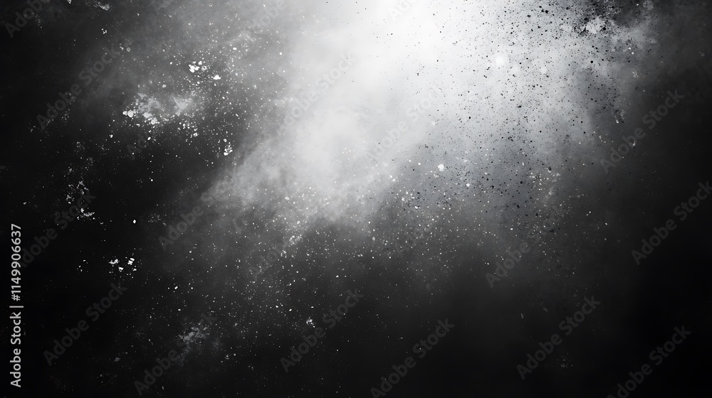 Wall mural Abstract grayscale image of particles and dust swirling in a dark background, illuminated from above.