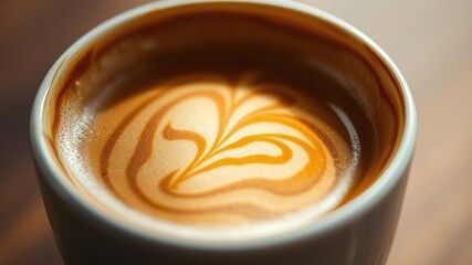 Close-up view of a cup of coffee with intricate latte art, showcasing the rich crema and subtle color variations