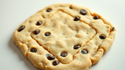 Close-up of a golden-brown, square-shaped cookie studded with chocolate chips, showcasing its textured surface and delicious appearance