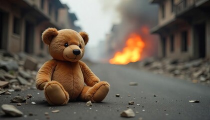 Old teddy bear laydown in The Middle of War Zone Deserted Demolished City Buildings Burning in the Background
