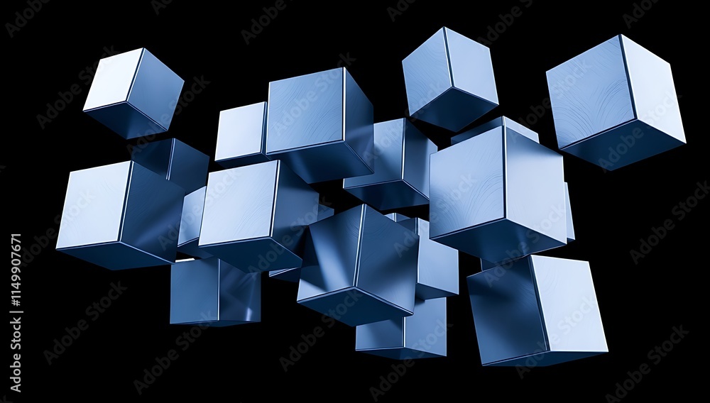 Poster abstract blue cubes floating in dark space
