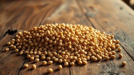 Obraz premium A generous pile of roasted soybeans rests on a rustic wooden surface.