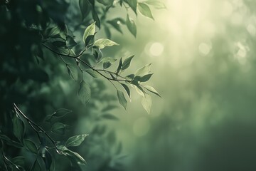 Fresh green leaves with warm light rays and soft background