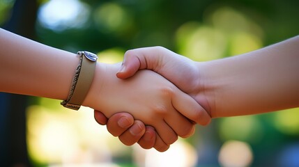 Uścisk dłoni na tle natury symbolizujący współpracę