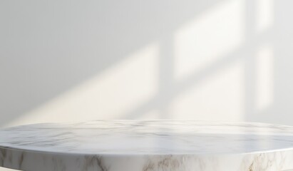 Sunlight on a round marble table against a white wall.