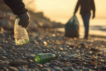 Clean beach: plastic bottle and trash collectors in soft light