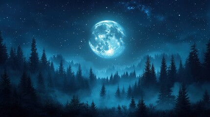Full moon, misty forest, starry night.