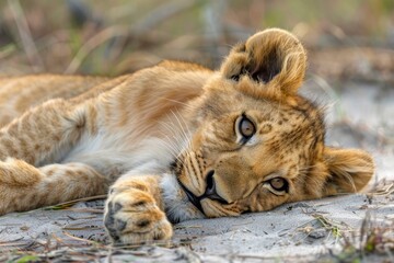 Adorable lion cub resting on the ground, showcasing the beauty and vulnerability of wildlife in its...