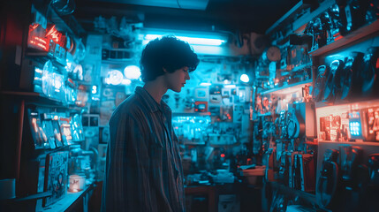 Obraz premium Cyberpunk Style Illustration: Neon-lit Room