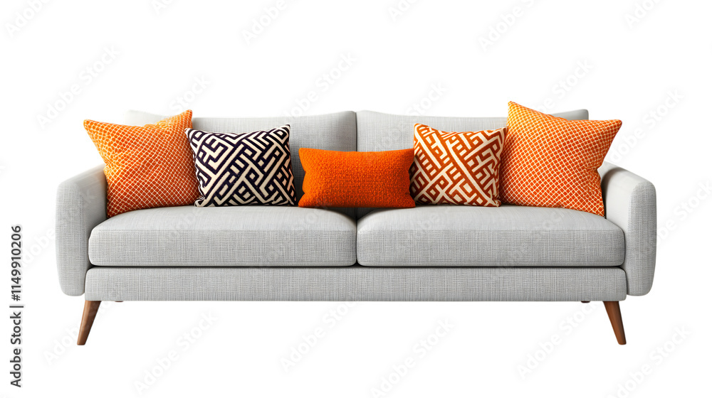 Poster light gray sofa with bright orange patterned cushions, adding vibrancy to a modern interior setting.