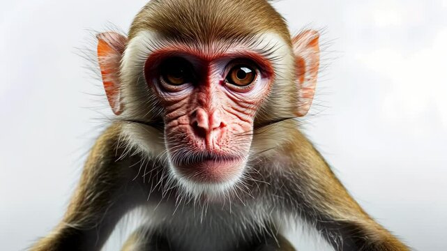 Baby monkey with big eyes and a pink nose. The monkey is looking at the camera. The image has a cute and playful mood