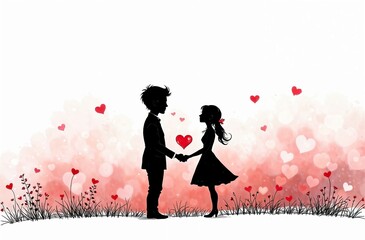 Silhouette of a man and a woman facing each other. The silhouettes suggest a romantic or affectionate interaction between the two individuals, symbolizing love. Horizontal banner, postcard.