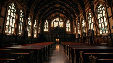 Fototapeta premium Serene Sanctuary A Tranquil Interior View of a Traditional Wooden Church with Stained Glass Windows