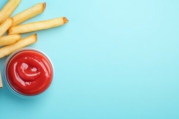 French fries and ketchup on blue background.