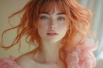 Portrait of a beautiful young woman with ginger-red hair against a pastel-colored background.