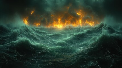 Fototapeta premium Fiery storm raging over dark, turbulent sea.