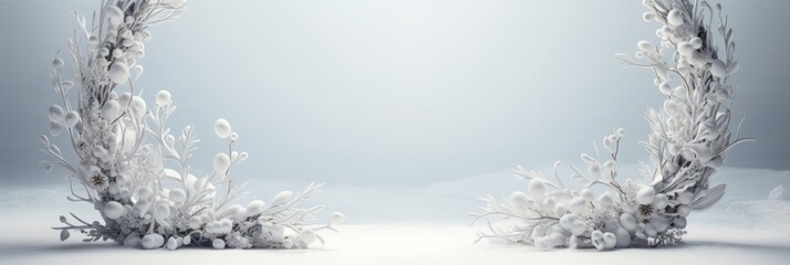 An intricately detailed display of frost-covered branches and berries arranged in a graceful arch formation against a serene snowy background, evoking the essence of winter splendor