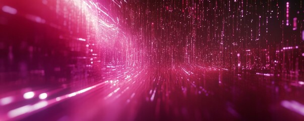 Naklejka premium Abstract pink digital tunnel with glowing particles.