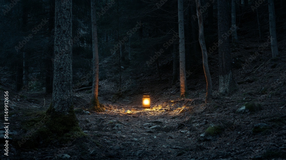Poster a single lantern glows brightly in the middle of a dense, dark forest. the light casts eerie shadows