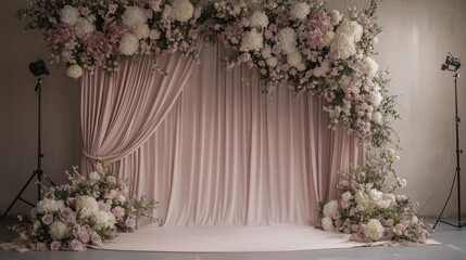Elegant Photo Backdrop with Silk Drapes, Large Flowers, and Soft Lighting - Perfect for Sophisticated Shoots