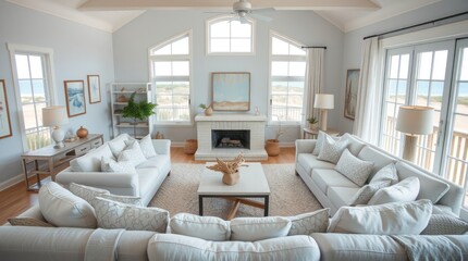 Coastal Living Room With Ocean View And White Furnishings