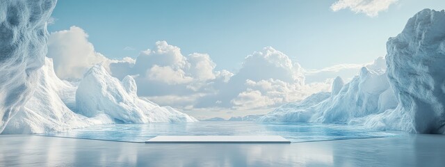 Minimalist arctic landscape with a white platform.