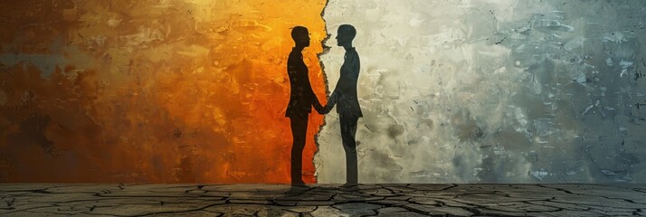 Two individuals standing face to face with colorful backgrounds representing diverse emotions, illustrating a contrast between warm and cool tones