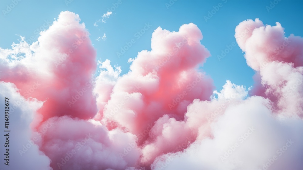 Poster soft pink and white clouds float effortlessly in a vibrant blue sky, creating a calm and whimsical a