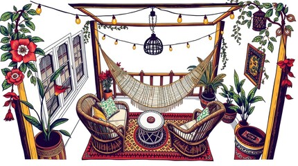 Relaxing Patio Hammock Scene With Plants And String Lights