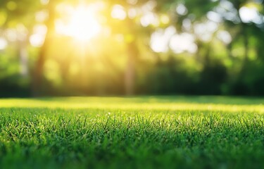 Lush green grass in sunlight, blurred trees background.