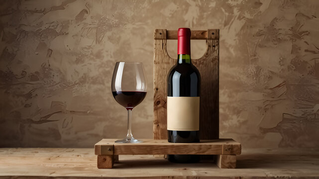 A wine ottle with a blank label and a filled wine glass on a rustic wooden stand, set against a textured beige wall. Wine concept