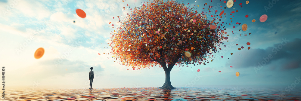Poster a surreal tree with multi-colored coin leaves, against an abstract backdrop of possibilities, while 