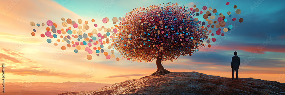 Poster a surreal tree with multi-colored coin leaves, against an abstract backdrop of possibilities, while 