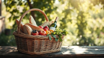 Rustic wicker basket filled with fresh baked bread, assorted fruits, and a bottle of wine, outdoors on a wooden table