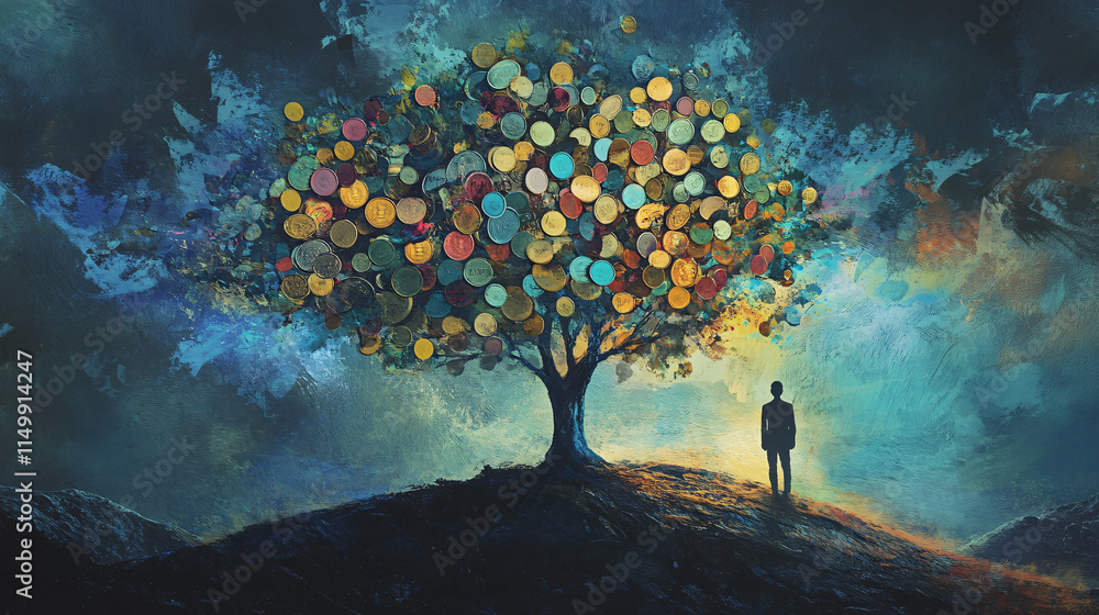 Poster a surreal tree with multi-colored coin leaves, against an abstract backdrop of possibilities, while 