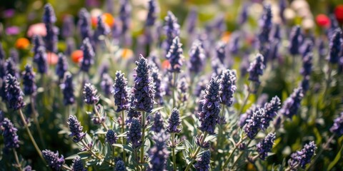 Obraz premium A field of purple wildflowers basking in sunlight, showcasing delicate blooms and vibrant colors.