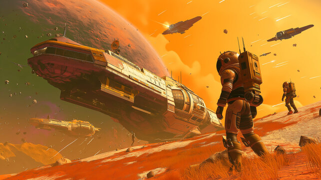 A space station orbiting a distant planet, with astronauts walking along the exterior and spaceships flying nearby in the cosmos. - Powered by Adobe