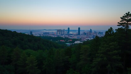 City Skyline Viewed From A Lush Green Forest At Sunset