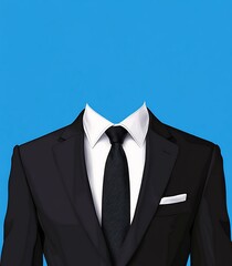 Black Tie on White Shirt and Black Suit Mockup Template with Blue Background in Flat Vector Style