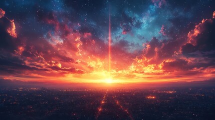 A breathtaking sunset over a city, with vibrant colors and dramatic clouds.