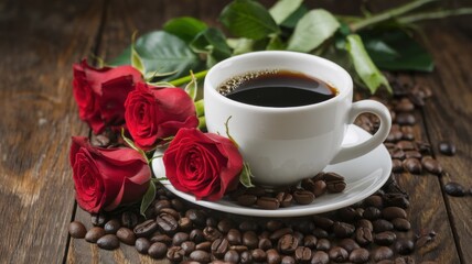 A white cup with fragrant coffee and red roses next to it.