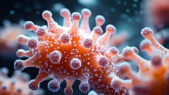 Extreme close-up of a virus structure, showing intricate details of the viral particles, ideal for virology, science, and medical research visuals