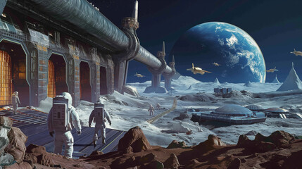 A space station orbiting a distant planet, with astronauts walking along the exterior and spaceships flying nearby in the cosmos.